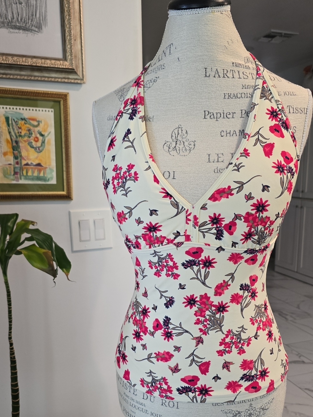 DownEast Cream Floral Halter Bikini Top with Pink and Black Flowers